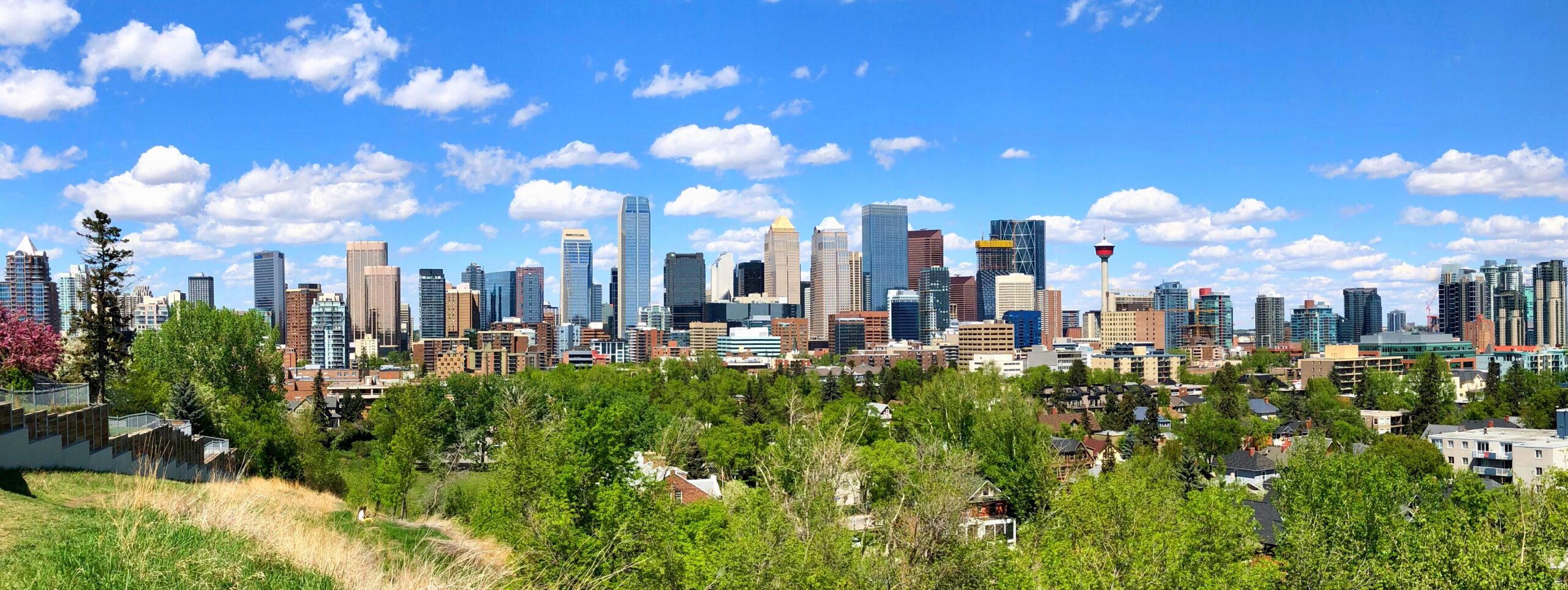 Calgary skyline with the Rocky Mountains on the horizon