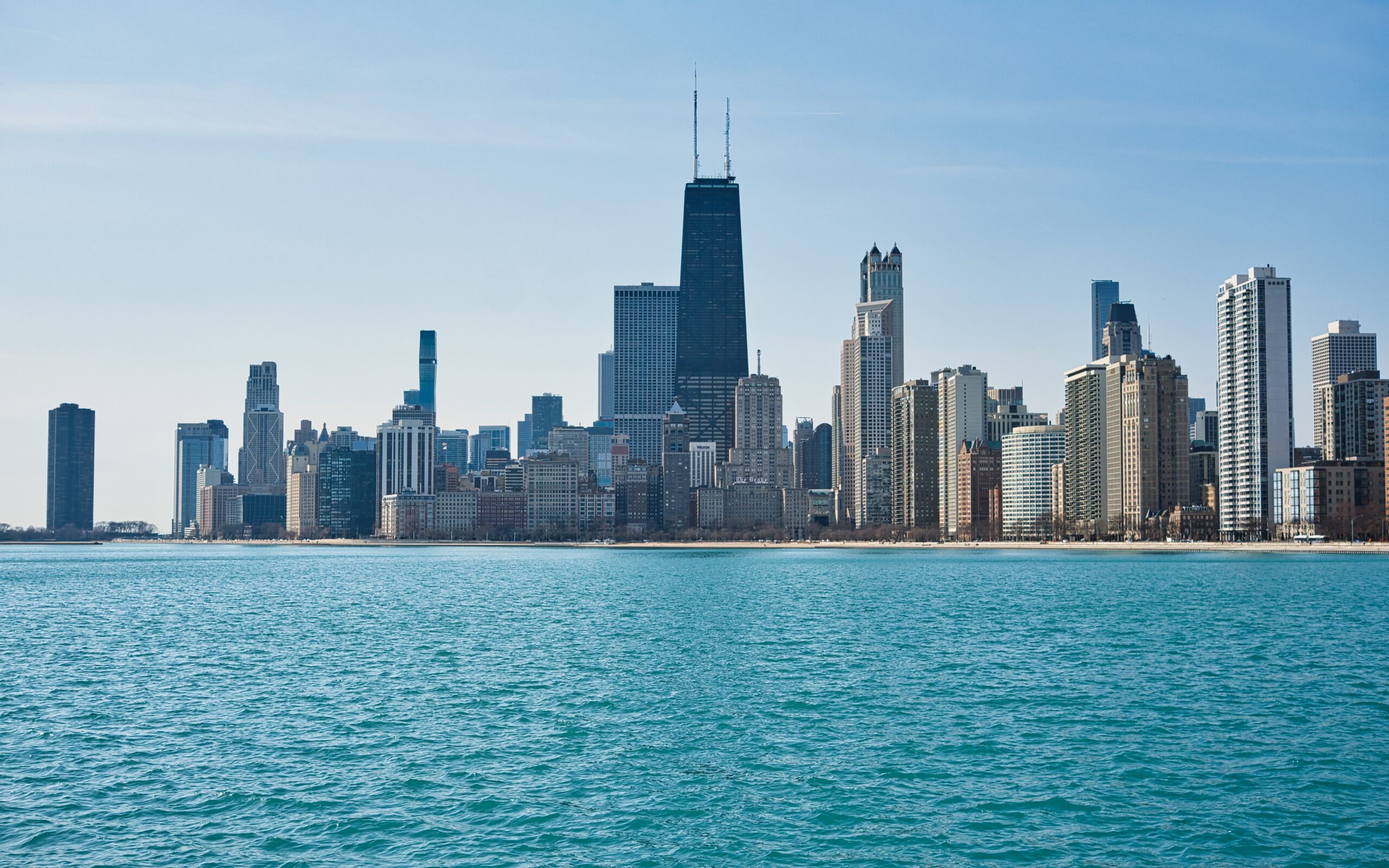 Chicago skyline viewed from the North Avenue Beach Pier on Lake Michigan
