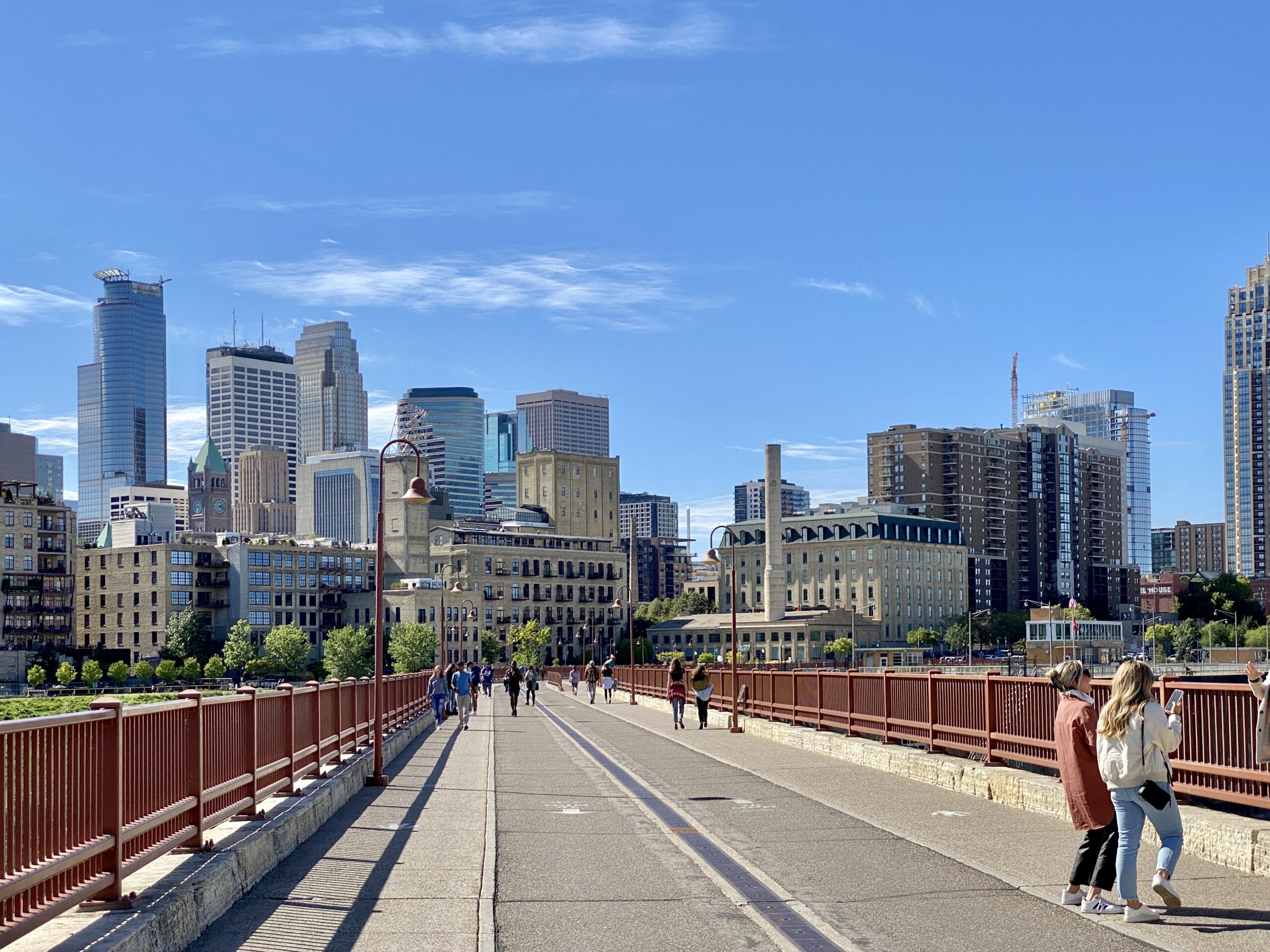 Minneapolis skyline viewed from the Stone Arch Bridge over the Mississippi River